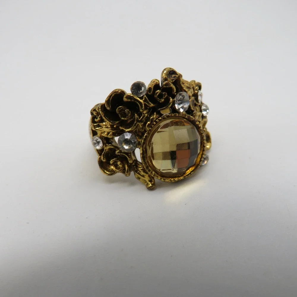 Vintage Gold Tone Rose Floral Cocktail Ring Amber Stone Rhinestone Size 9